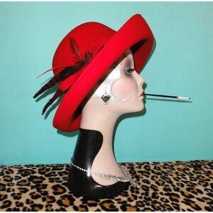 Vintage Scala Red Wool Cloche Hat w/ Feathers upturn brim church hat pinup retro